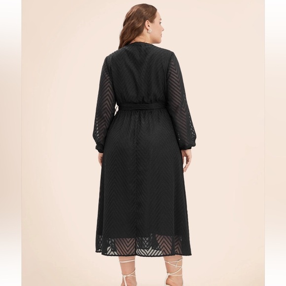 BloomChic Plus Size XL Solid Geometric Pocket Mesh Lantern Sleeve Belted Dress - Picture 2 of 9